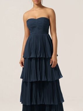 Strapless Tiered Navy Blue Pleated Maxi Dress